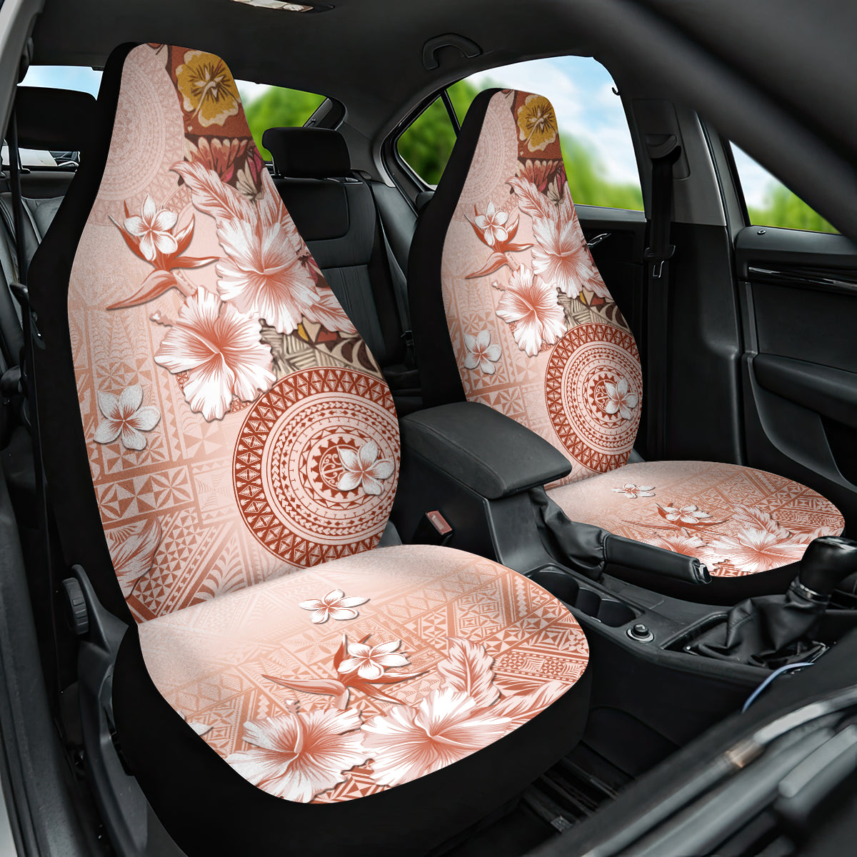 Tonga Ngatu Pattern With Light Tabasco Hibiscus Car Seat Cover Oil Painting Style