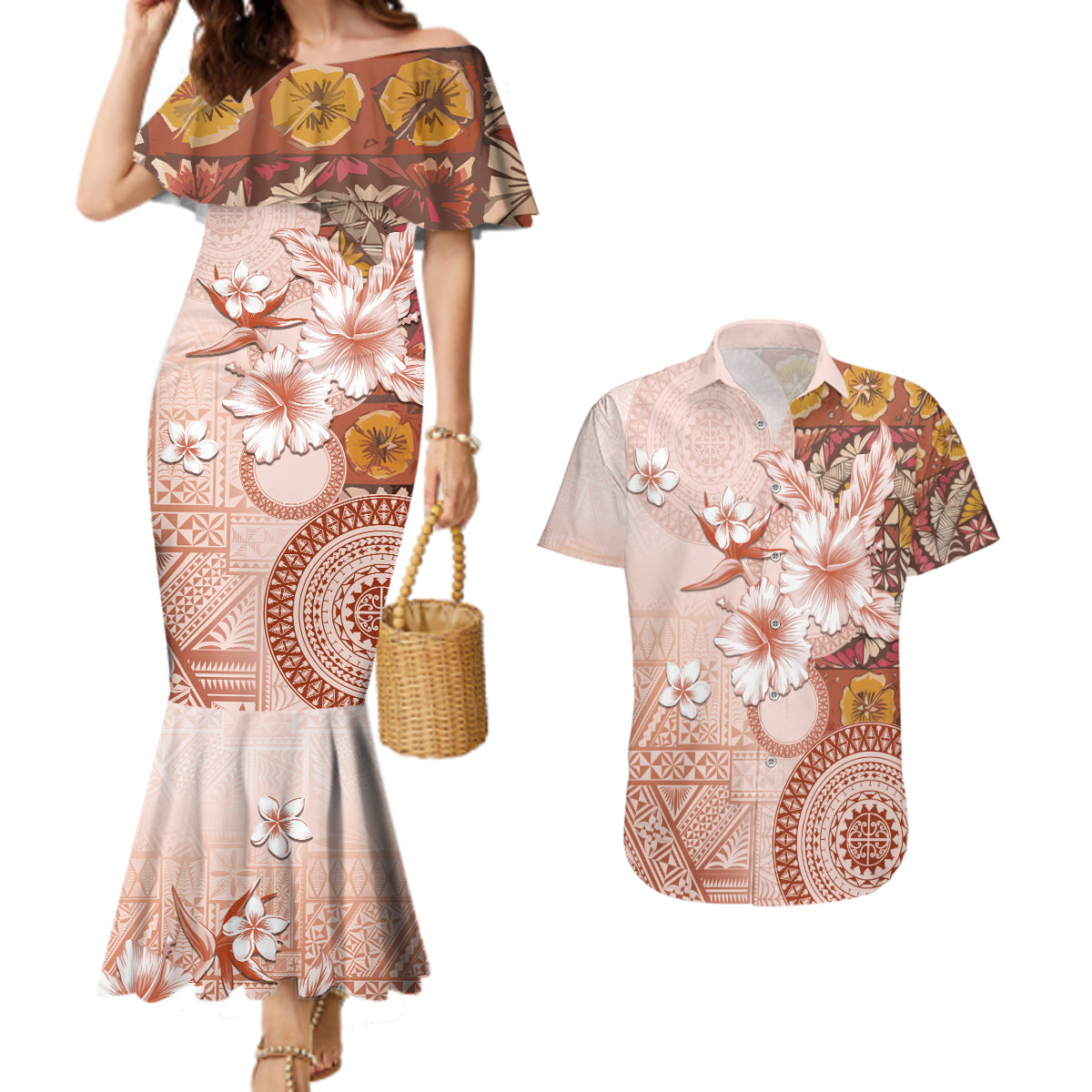 Tonga Ngatu Pattern With Light Tabasco Hibiscus Couples Matching Mermaid Dress and Hawaiian Shirt Oil Painting Style LT05 Light Tabasco - Polynesian Pride