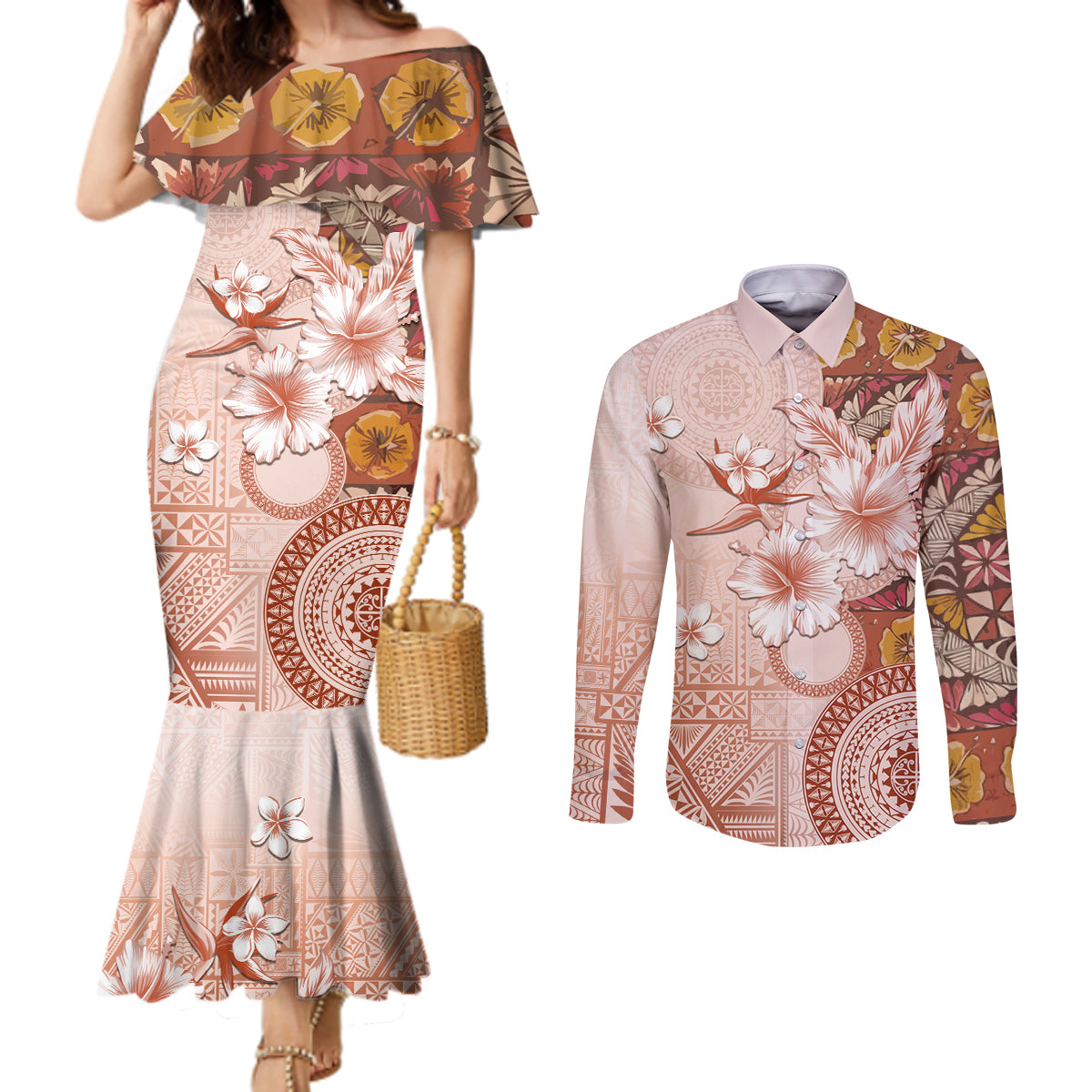 Tonga Ngatu Pattern With Light Tabasco Hibiscus Couples Matching Mermaid Dress and Long Sleeve Button Shirt Oil Painting Style LT05 Light Tabasco - Polynesian Pride