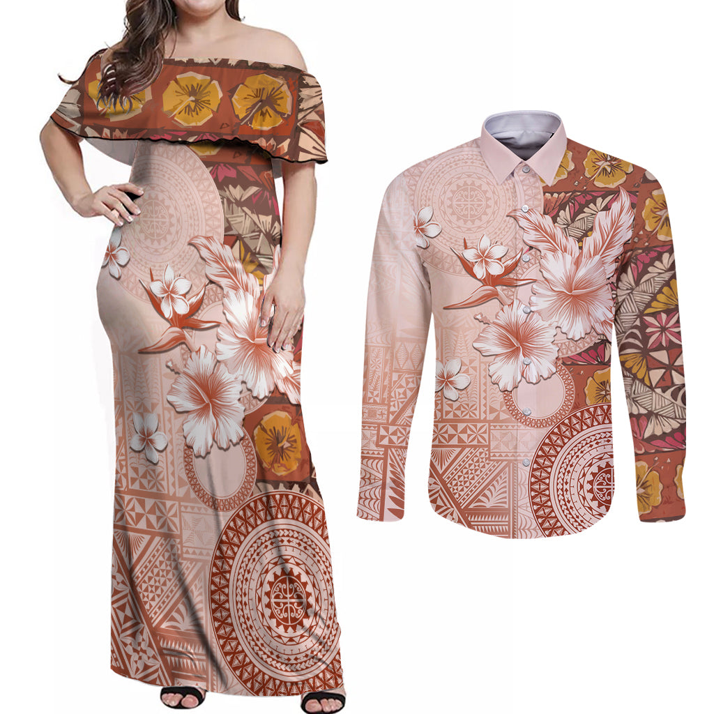 Tonga Ngatu Pattern With Light Tabasco Hibiscus Couples Matching Off Shoulder Maxi Dress and Long Sleeve Button Shirt Oil Painting Style LT05 Light Tabasco - Polynesian Pride