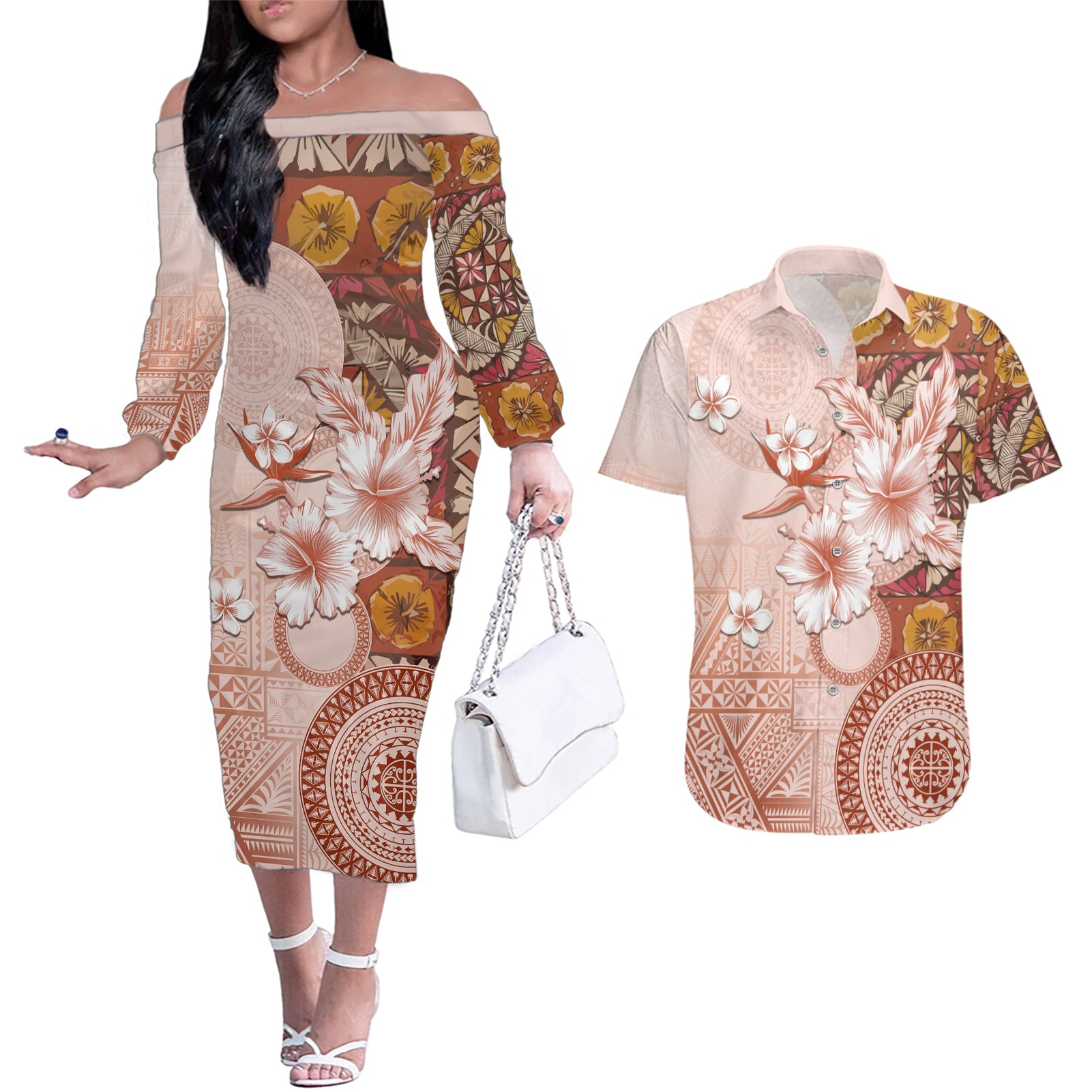 Tonga Ngatu Pattern With Light Tabasco Hibiscus Couples Matching Off The Shoulder Long Sleeve Dress and Hawaiian Shirt Oil Painting Style LT05 Light Tabasco - Polynesian Pride