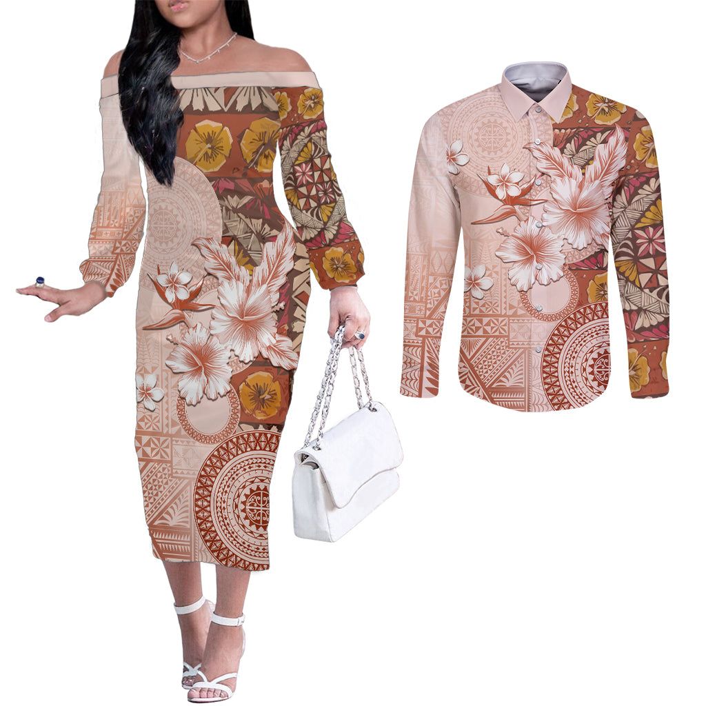 Tonga Ngatu Pattern With Light Tabasco Hibiscus Couples Matching Off The Shoulder Long Sleeve Dress and Long Sleeve Button Shirt Oil Painting Style LT05 Light Tabasco - Polynesian Pride