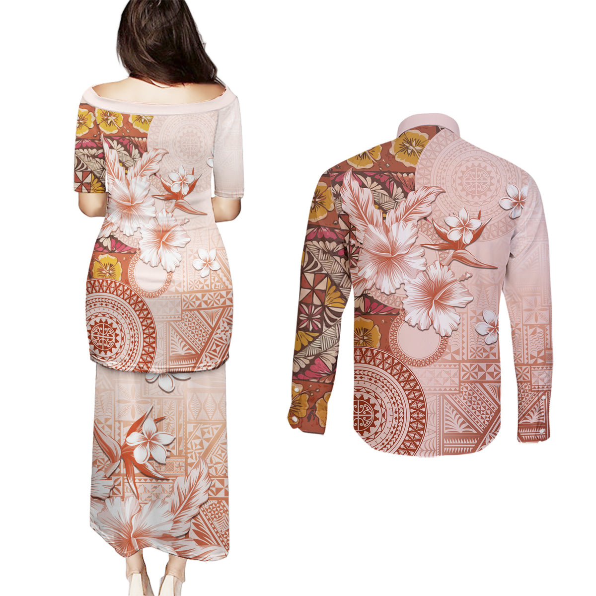 Tonga Ngatu Pattern With Light Tabasco Hibiscus Couples Matching Puletasi and Long Sleeve Button Shirt Oil Painting Style LT05 - Polynesian Pride