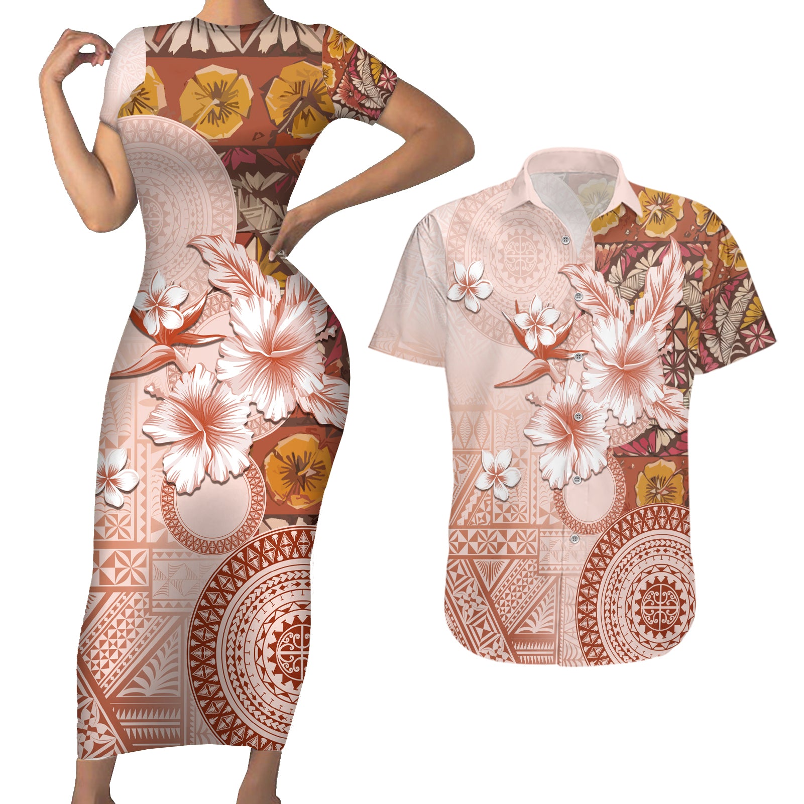 Tonga Ngatu Pattern With Light Tabasco Hibiscus Couples Matching Short Sleeve Bodycon Dress and Hawaiian Shirt Oil Painting Style LT05 Light Tabasco - Polynesian Pride