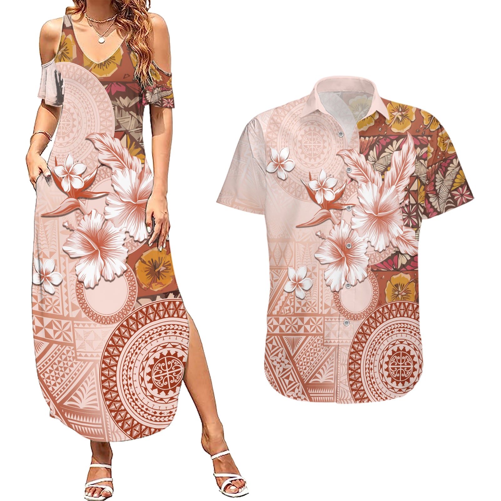 Tonga Ngatu Pattern With Light Tabasco Hibiscus Couples Matching Summer Maxi Dress and Hawaiian Shirt Oil Painting Style LT05 Light Tabasco - Polynesian Pride