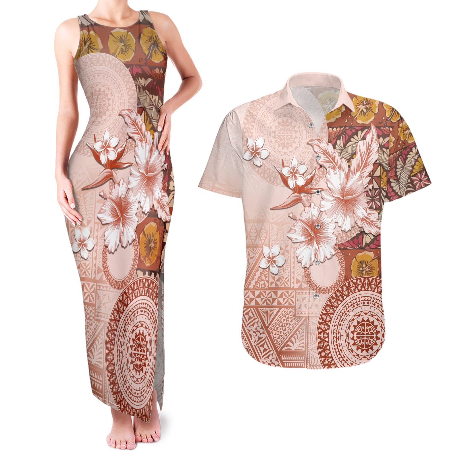 Tonga Ngatu Pattern With Light Tabasco Hibiscus Couples Matching Tank Maxi Dress and Hawaiian Shirt Oil Painting Style LT05 Light Tabasco - Polynesian Pride