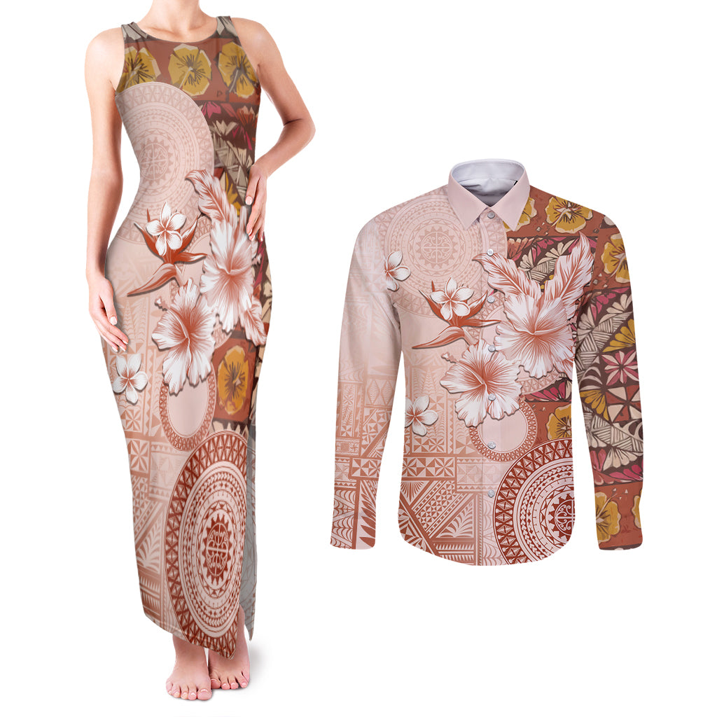 Tonga Ngatu Pattern With Light Tabasco Hibiscus Couples Matching Tank Maxi Dress and Long Sleeve Button Shirt Oil Painting Style LT05 Light Tabasco - Polynesian Pride