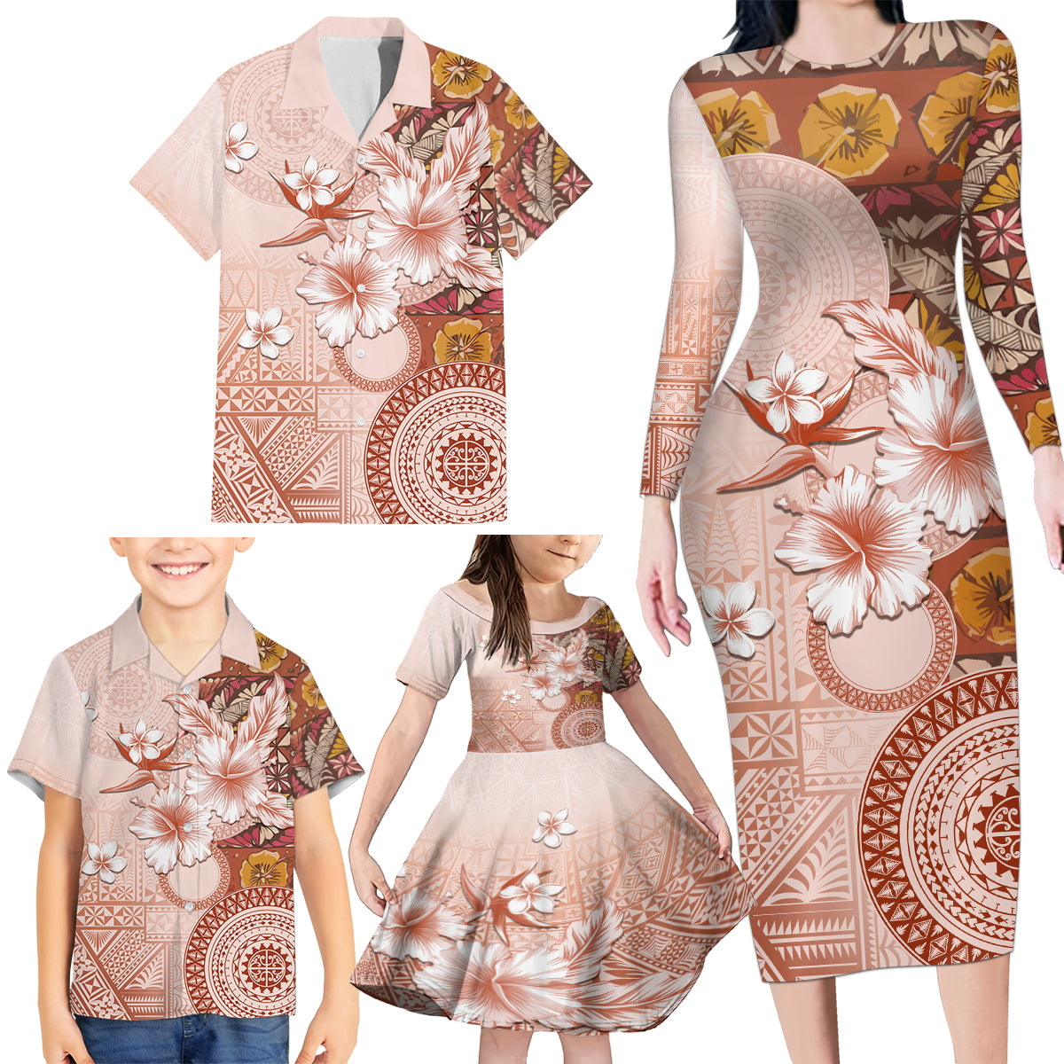 Tonga Ngatu Pattern With Light Tabasco Hibiscus Family Matching Long Sleeve Bodycon Dress and Hawaiian Shirt Oil Painting Style LT05 - Polynesian Pride