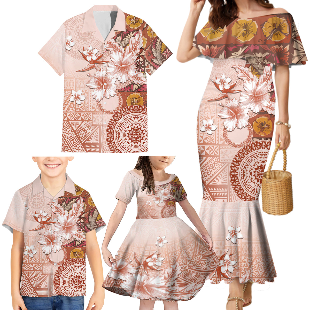 Tonga Ngatu Pattern With Light Tabasco Hibiscus Family Matching Mermaid Dress and Hawaiian Shirt Oil Painting Style LT05 - Polynesian Pride