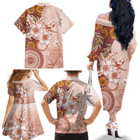 Tonga Ngatu Pattern With Light Tabasco Hibiscus Family Matching Off Shoulder Long Sleeve Dress and Hawaiian Shirt Oil Painting Style LT05 - Polynesian Pride