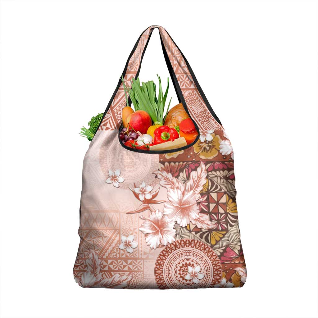 Tonga Ngatu Pattern With Light Tabasco Hibiscus Grocery Bag Oil Painting Style LT05 1-pack One Size Light Tabasco - Polynesian Pride