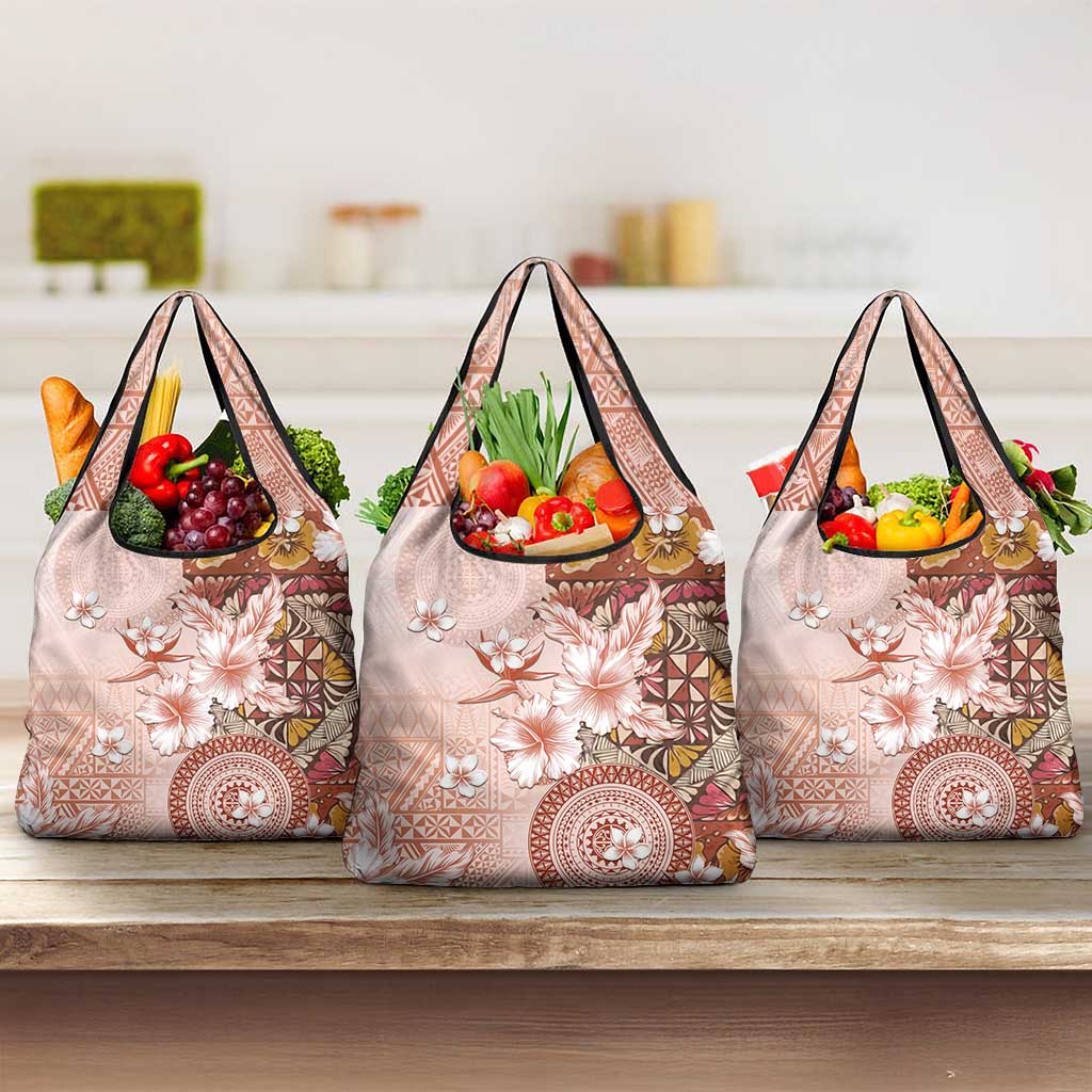 Tonga Ngatu Pattern With Light Tabasco Hibiscus Grocery Bag Oil Painting Style LT05 3-pack One Size Light Tabasco - Polynesian Pride
