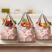 Tonga Ngatu Pattern With Light Tabasco Hibiscus Grocery Bag Oil Painting Style LT05 3-pack One Size Light Tabasco - Polynesian Pride