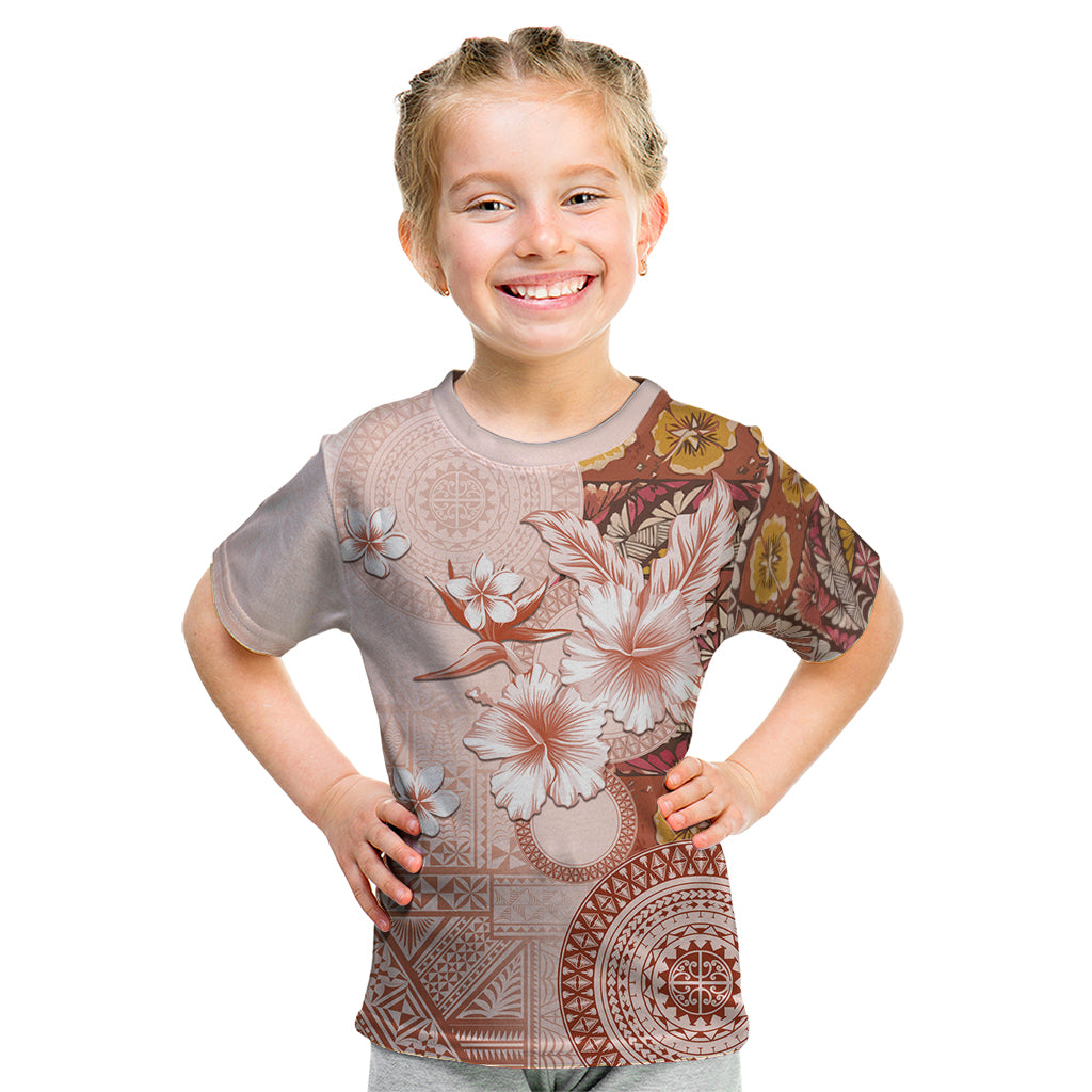 Tonga Ngatu Pattern With Light Tabasco Hibiscus Kid T Shirt Oil Painting Style LT05 Light Tabasco - Polynesian Pride