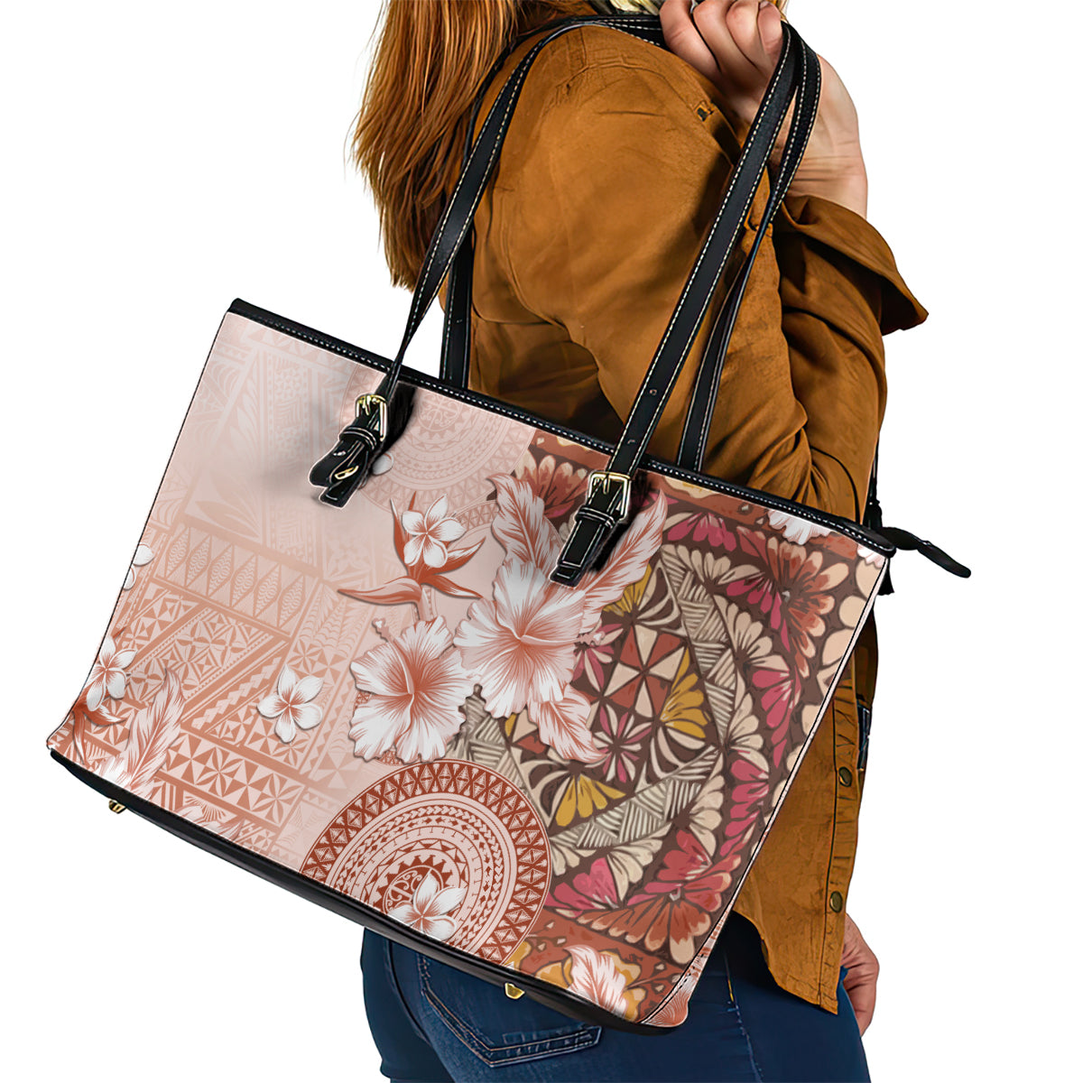 Tonga Ngatu Pattern With Light Tabasco Hibiscus Leather Tote Bag Oil Painting Style
