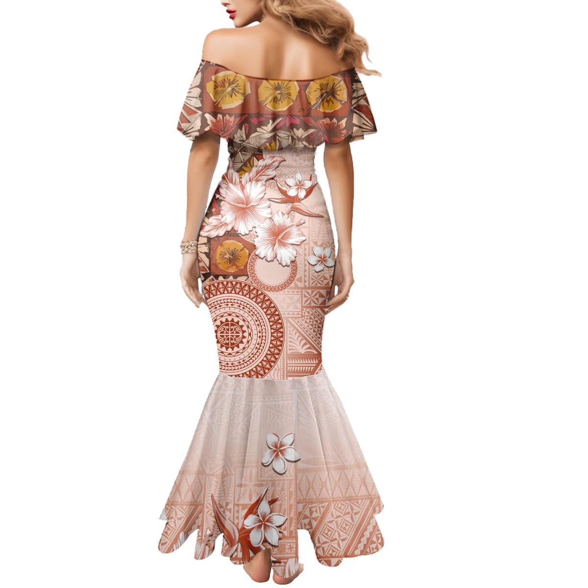 Tonga Ngatu Pattern With Light Tabasco Hibiscus Mermaid Dress Oil Painting Style LT05 - Polynesian Pride