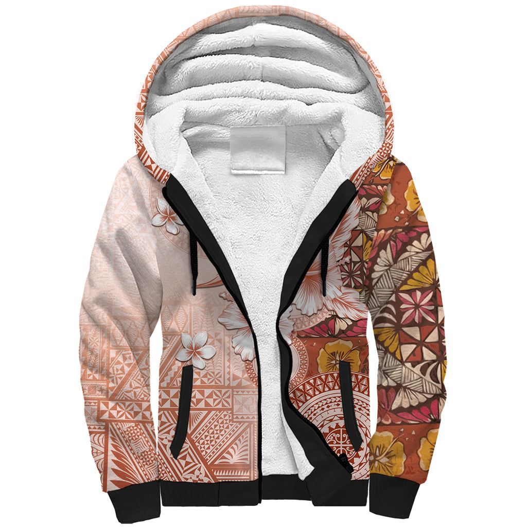 Tonga Ngatu Pattern With Light Tabasco Hibiscus Sherpa Hoodie Oil Painting Style LT05 Unisex Light Tabasco - Polynesian Pride