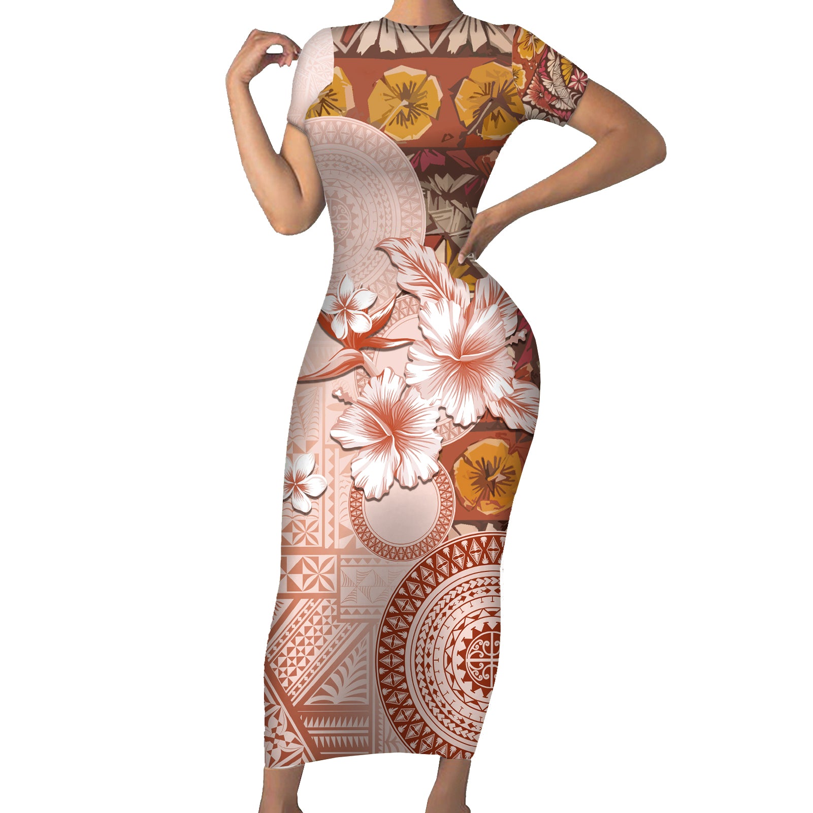 Tonga Ngatu Pattern With Light Tabasco Hibiscus Short Sleeve Bodycon Dress Oil Painting Style LT05 Long Dress Light Tabasco - Polynesian Pride