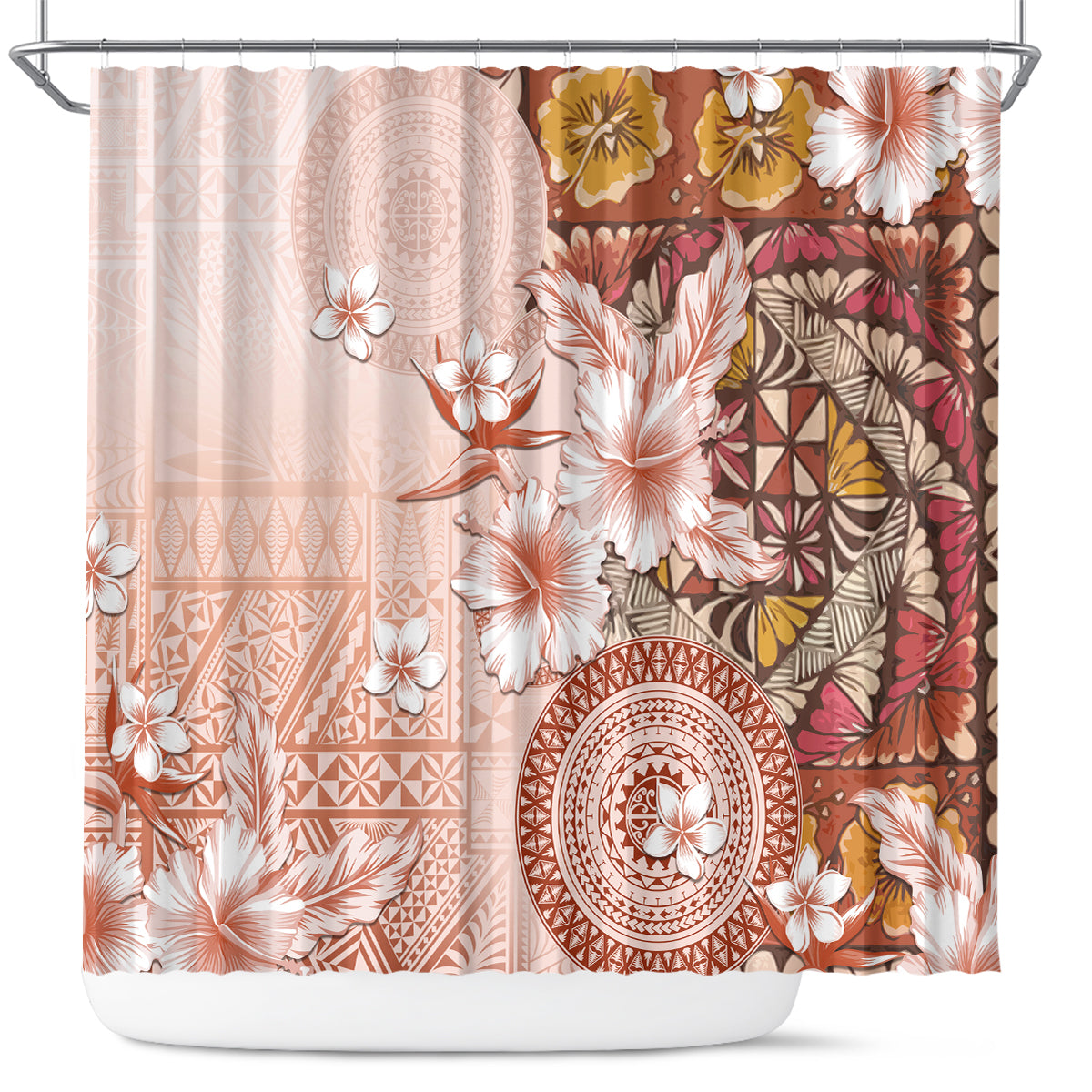 Tonga Ngatu Pattern With Light Tabasco Hibiscus Shower Curtain Oil Painting Style