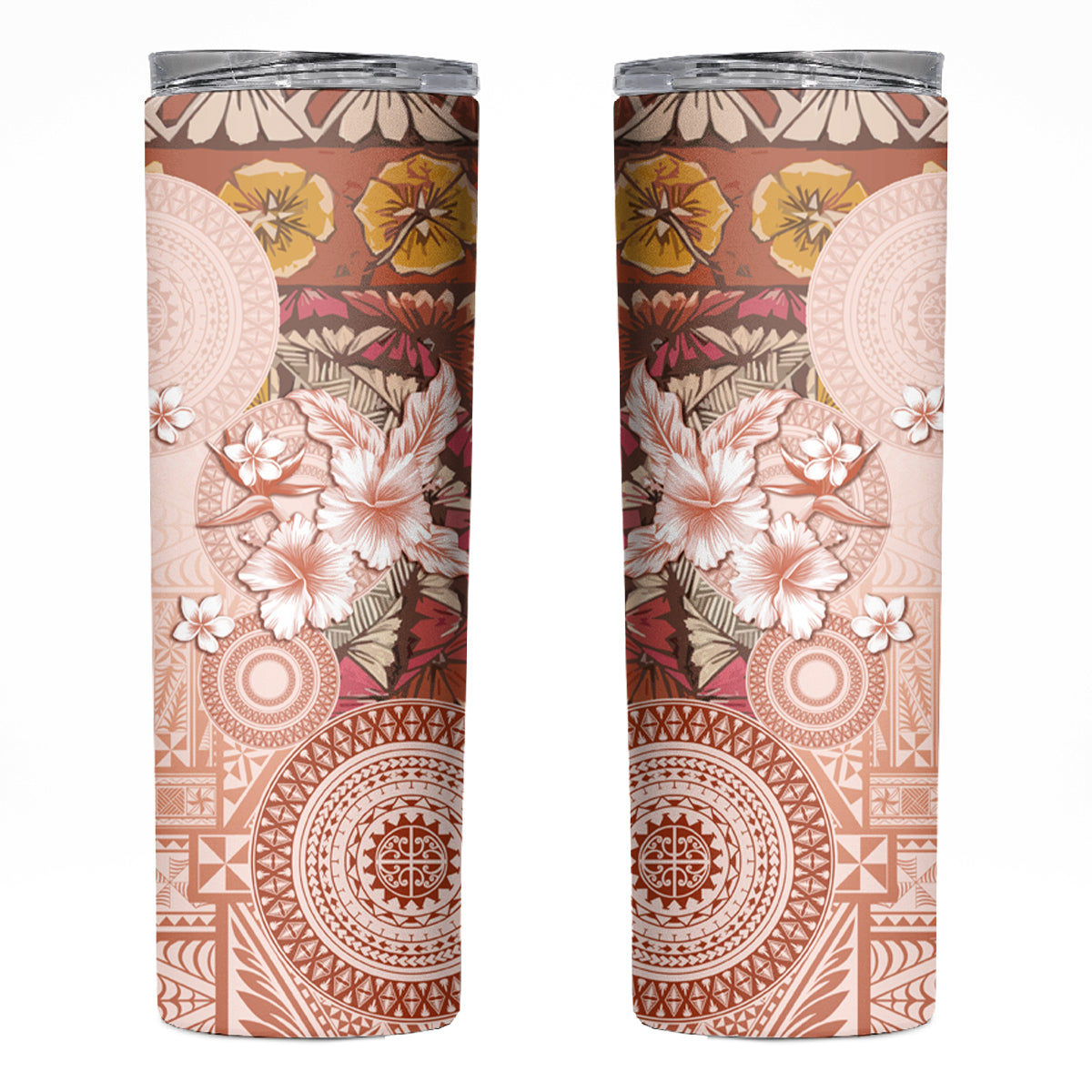 Tonga Ngatu Pattern With Light Tabasco Hibiscus Skinny Tumbler Oil Painting Style