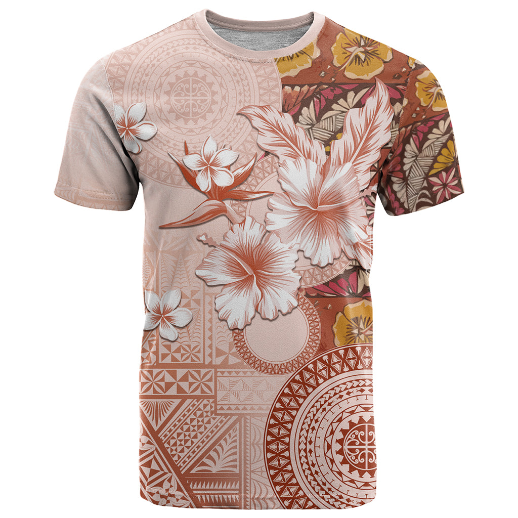 Tonga Ngatu Pattern With Light Tabasco Hibiscus T Shirt Oil Painting Style LT05 Light Tabasco - Polynesian Pride