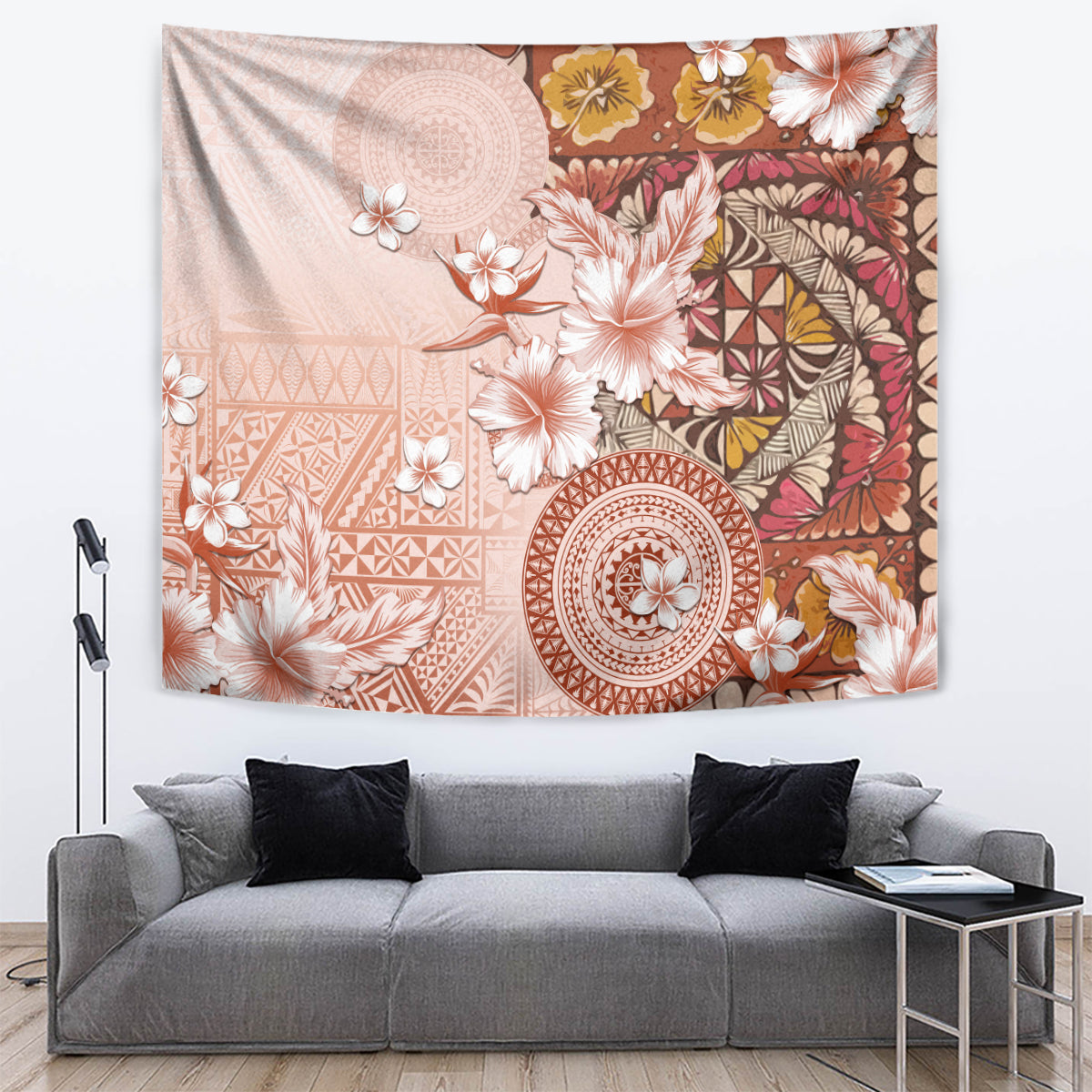 Tonga Ngatu Pattern With Light Tabasco Hibiscus Tapestry Oil Painting Style