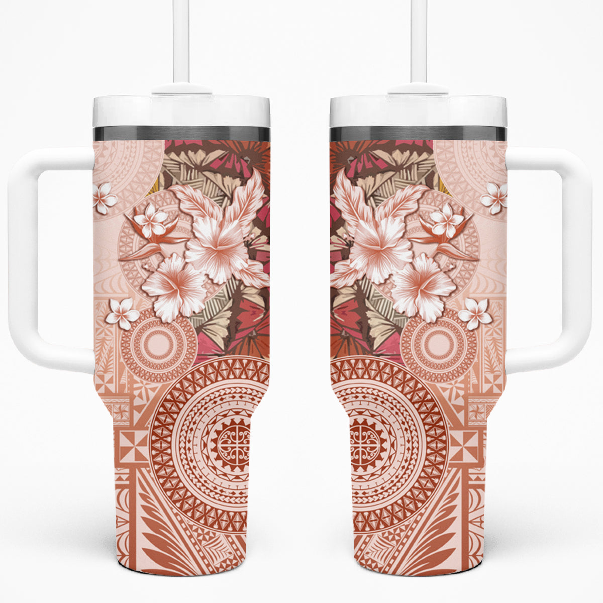 Tonga Ngatu Pattern With Light Tabasco Hibiscus Tumbler With Handle Oil Painting Style