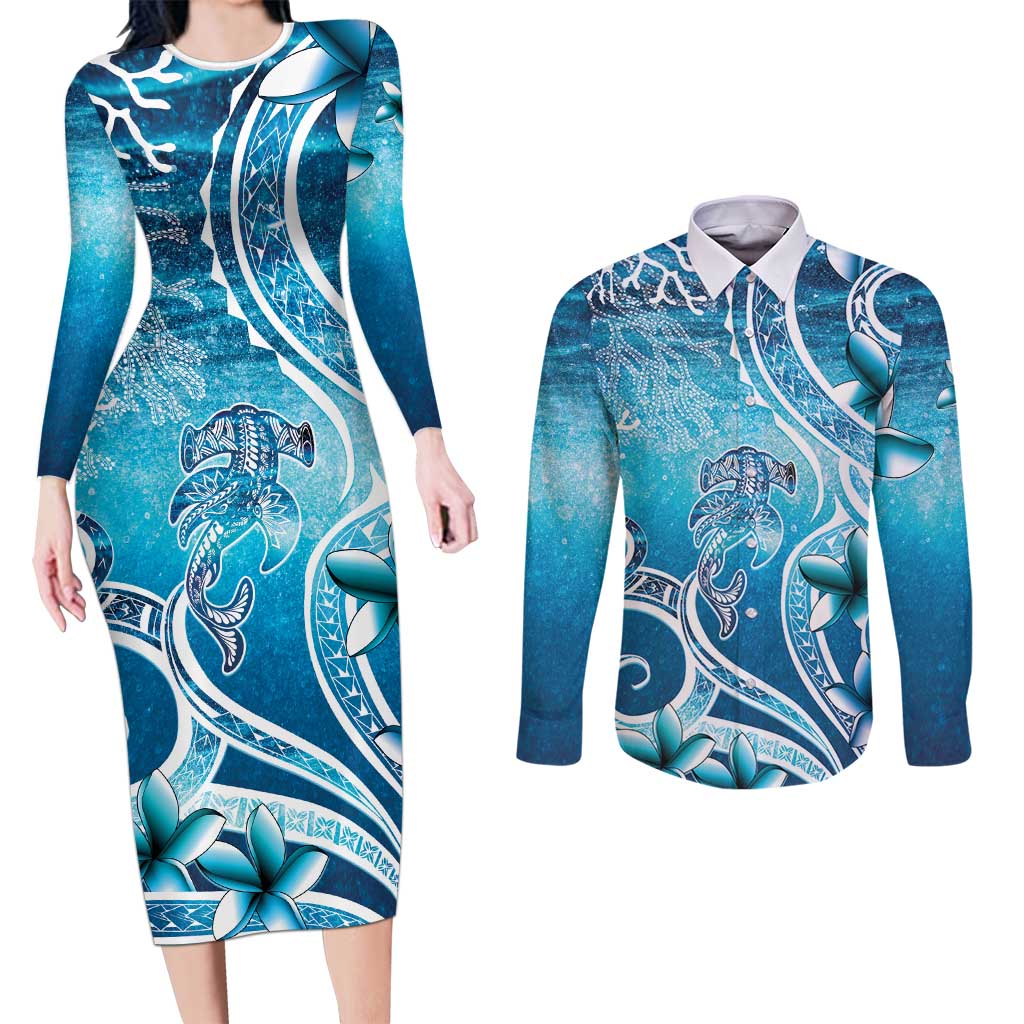 Polynesia World Ocean Day Couples Matching Long Sleeve Bodycon Dress and Long Sleeve Button Shirt Ocean Style LT05 Blue - Polynesian Pride