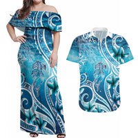 Polynesia World Ocean Day Couples Matching Off Shoulder Maxi Dress and Hawaiian Shirt Ocean Style LT05 Blue - Polynesian Pride