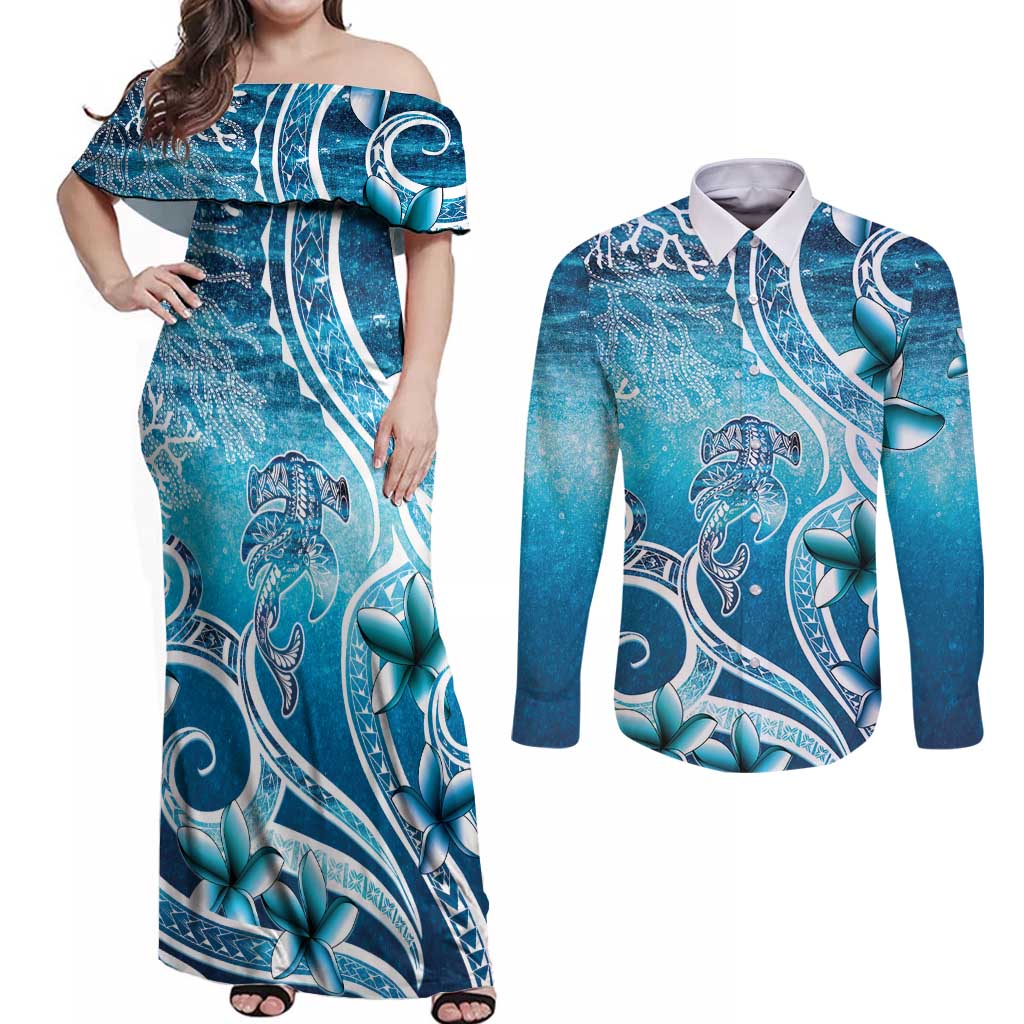 Polynesia World Ocean Day Couples Matching Off Shoulder Maxi Dress and Long Sleeve Button Shirt Ocean Style LT05 Blue - Polynesian Pride