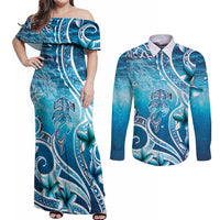 Polynesia World Ocean Day Couples Matching Off Shoulder Maxi Dress and Long Sleeve Button Shirt Ocean Style LT05 Blue - Polynesian Pride