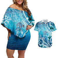 Polynesia World Ocean Day Couples Matching Off Shoulder Short Dress and Hawaiian Shirt Ocean Style LT05 Blue - Polynesian Pride