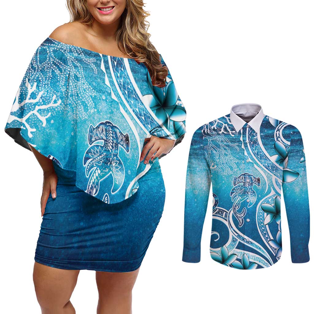 Polynesia World Ocean Day Couples Matching Off Shoulder Short Dress and Long Sleeve Button Shirt Ocean Style LT05 Blue - Polynesian Pride