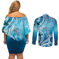 Polynesia World Ocean Day Couples Matching Off Shoulder Short Dress and Long Sleeve Button Shirt Ocean Style LT05 - Polynesian Pride