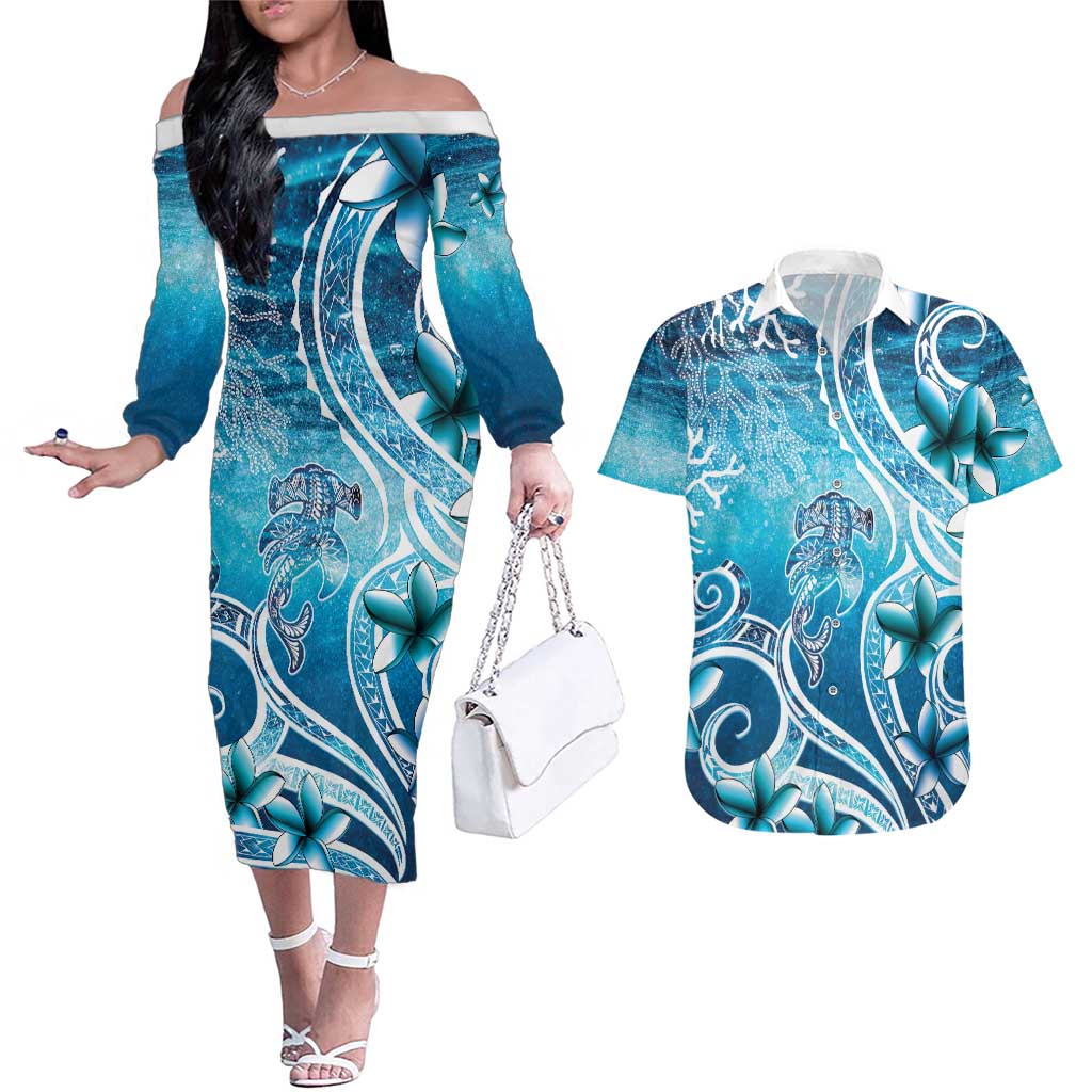 Polynesia World Ocean Day Couples Matching Off The Shoulder Long Sleeve Dress and Hawaiian Shirt Ocean Style LT05 Blue - Polynesian Pride