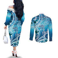 Polynesia World Ocean Day Couples Matching Off The Shoulder Long Sleeve Dress and Long Sleeve Button Shirt Ocean Style LT05 - Polynesian Pride