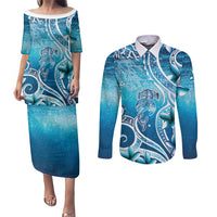 Polynesia World Ocean Day Couples Matching Puletasi and Long Sleeve Button Shirt Ocean Style LT05 Blue - Polynesian Pride