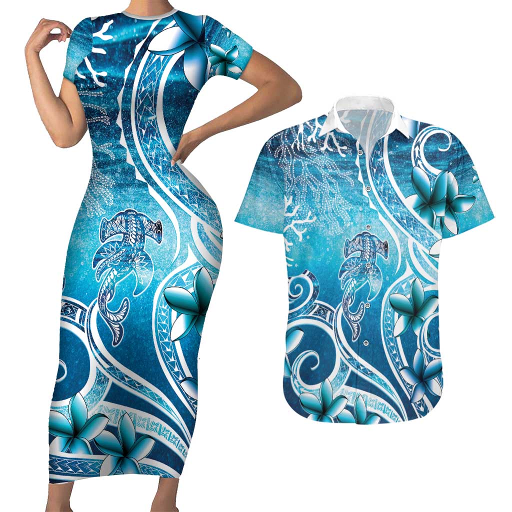 Polynesia World Ocean Day Couples Matching Short Sleeve Bodycon Dress and Hawaiian Shirt Ocean Style LT05 Blue - Polynesian Pride