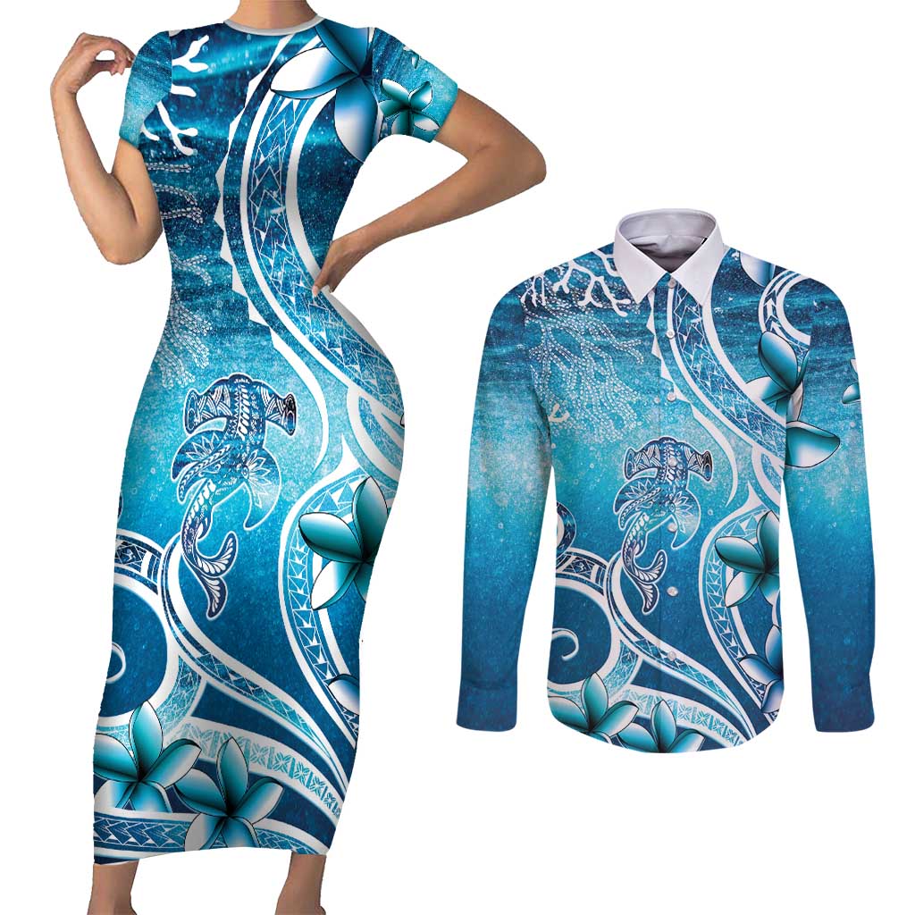Polynesia World Ocean Day Couples Matching Short Sleeve Bodycon Dress and Long Sleeve Button Shirt Ocean Style LT05 Blue - Polynesian Pride