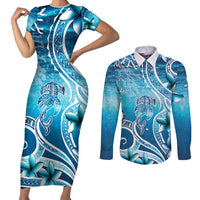 Polynesia World Ocean Day Couples Matching Short Sleeve Bodycon Dress and Long Sleeve Button Shirt Ocean Style LT05 Blue - Polynesian Pride