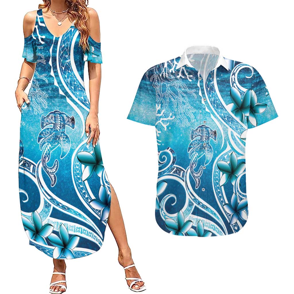 Polynesia World Ocean Day Couples Matching Summer Maxi Dress and Hawaiian Shirt Ocean Style LT05 Blue - Polynesian Pride