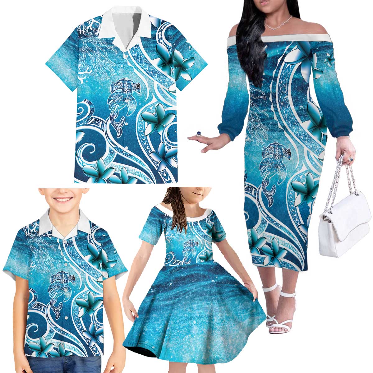 Polynesia World Ocean Day Family Matching Off The Shoulder Long Sleeve Dress and Hawaiian Shirt Ocean Style LT05 - Polynesian Pride