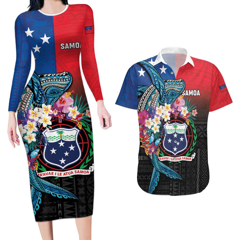 Samoa Couples Matching Long Sleeve Bodycon Dress and Hawaiian Shirt Humpback Whale Siapo Pattern LT05 Blue - Polynesian Pride