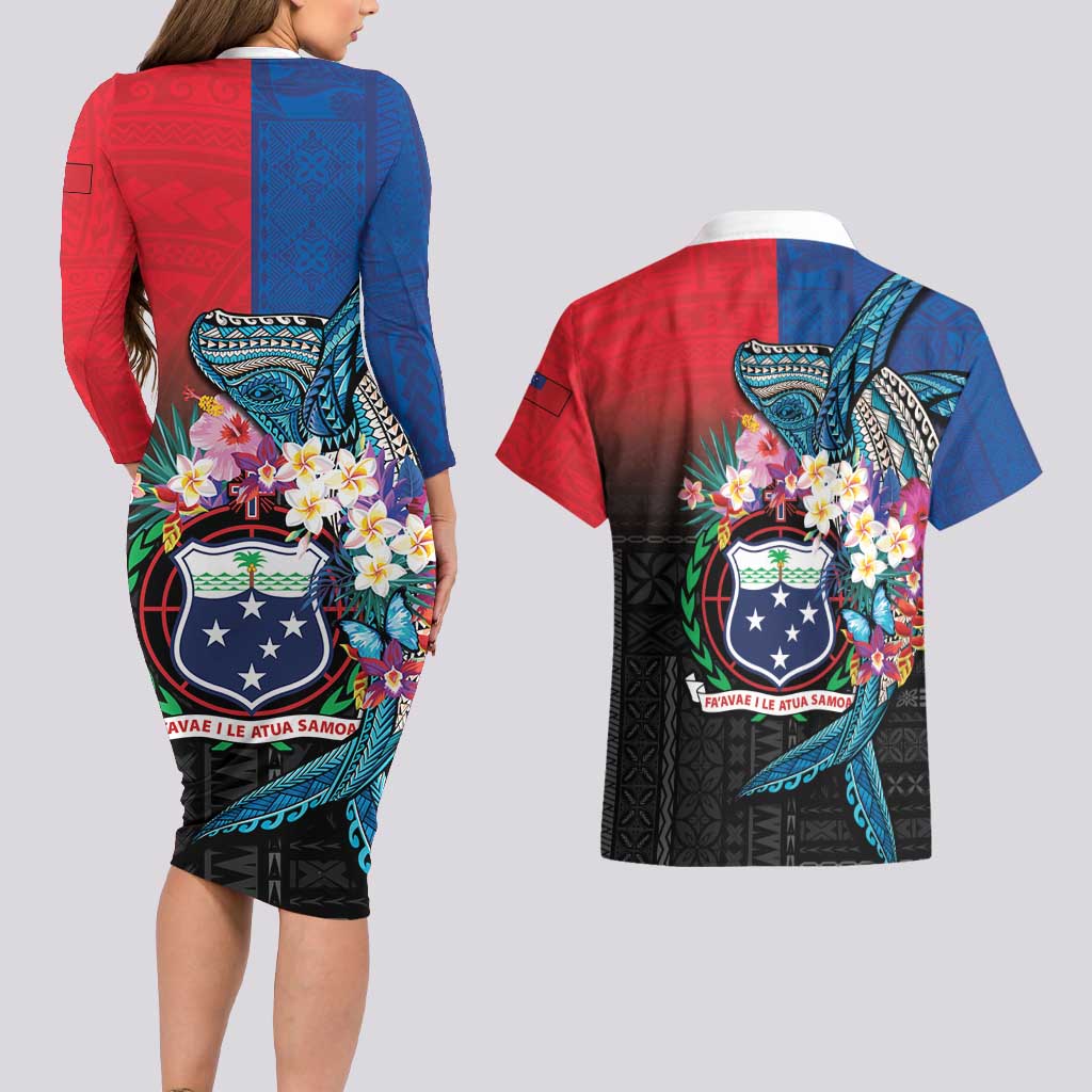 Samoa Couples Matching Long Sleeve Bodycon Dress and Hawaiian Shirt Humpback Whale Siapo Pattern LT05 - Polynesian Pride
