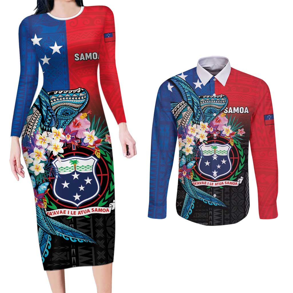 Samoa Couples Matching Long Sleeve Bodycon Dress and Long Sleeve Button Shirt Humpback Whale Siapo Pattern LT05 Blue - Polynesian Pride