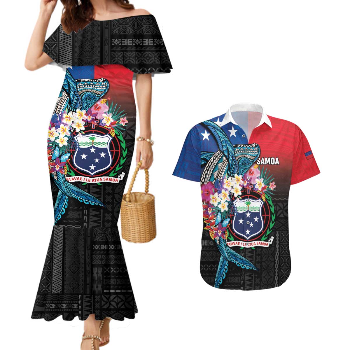 Samoa Couples Matching Mermaid Dress and Hawaiian Shirt Humpback Whale Siapo Pattern LT05 Blue - Polynesian Pride