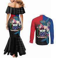 Samoa Couples Matching Mermaid Dress and Long Sleeve Button Shirt Humpback Whale Siapo Pattern LT05 - Polynesian Pride