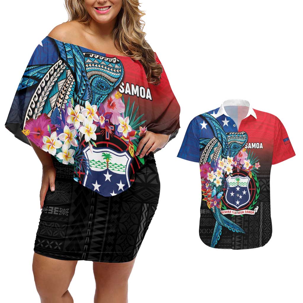 Samoa Couples Matching Off Shoulder Short Dress and Hawaiian Shirt Humpback Whale Siapo Pattern LT05 Blue - Polynesian Pride