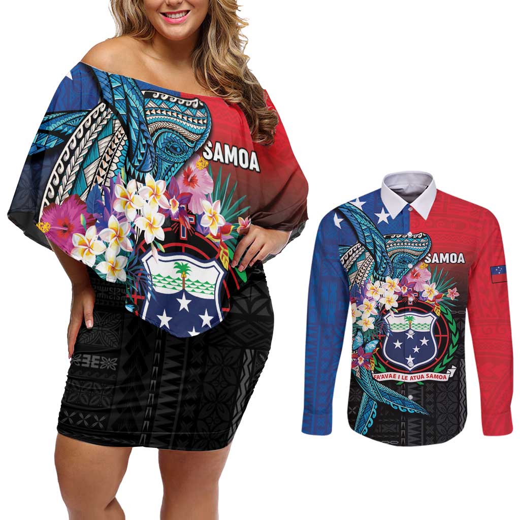 Samoa Couples Matching Off Shoulder Short Dress and Long Sleeve Button Shirt Humpback Whale Siapo Pattern LT05 Blue - Polynesian Pride