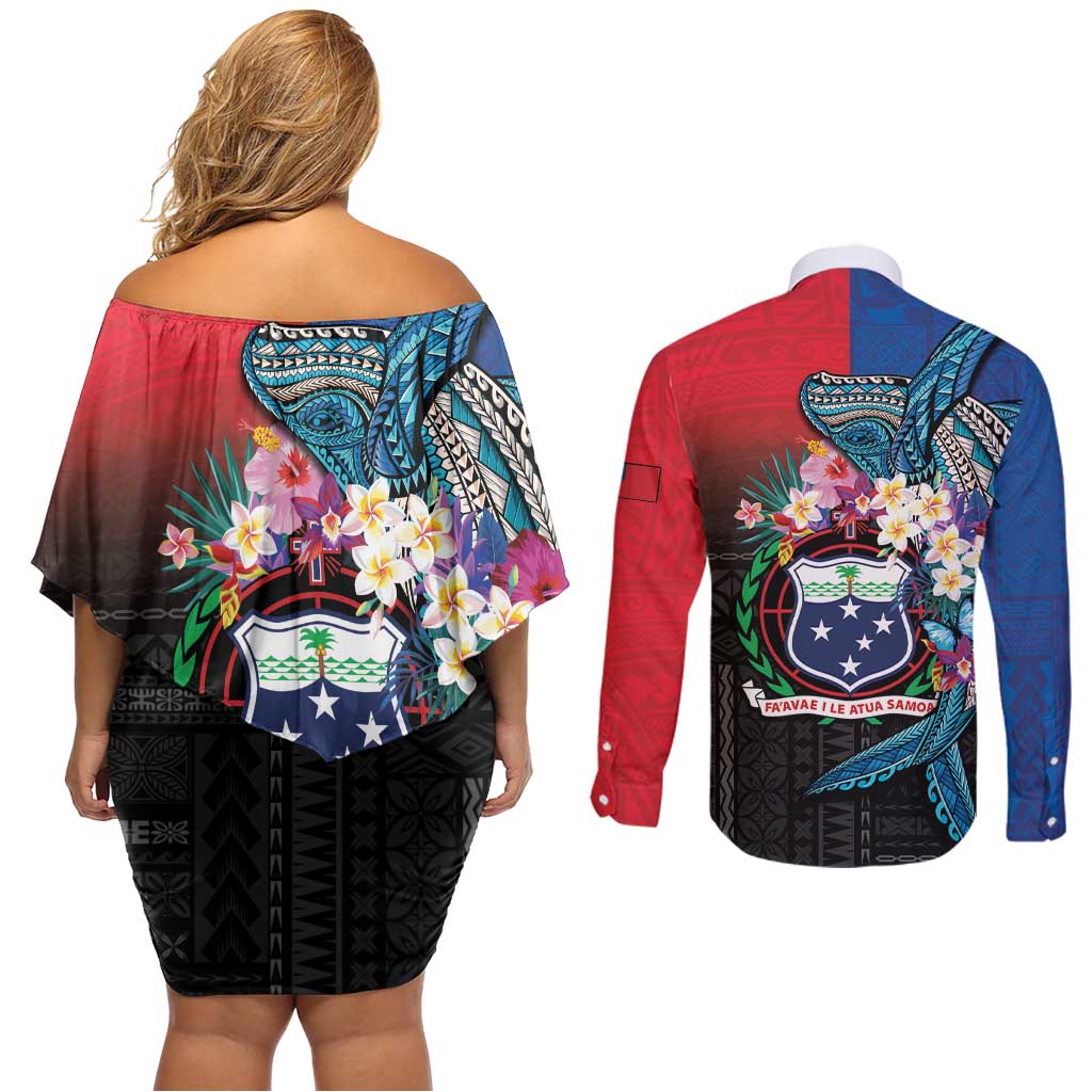 Samoa Couples Matching Off Shoulder Short Dress and Long Sleeve Button Shirt Humpback Whale Siapo Pattern LT05 - Polynesian Pride